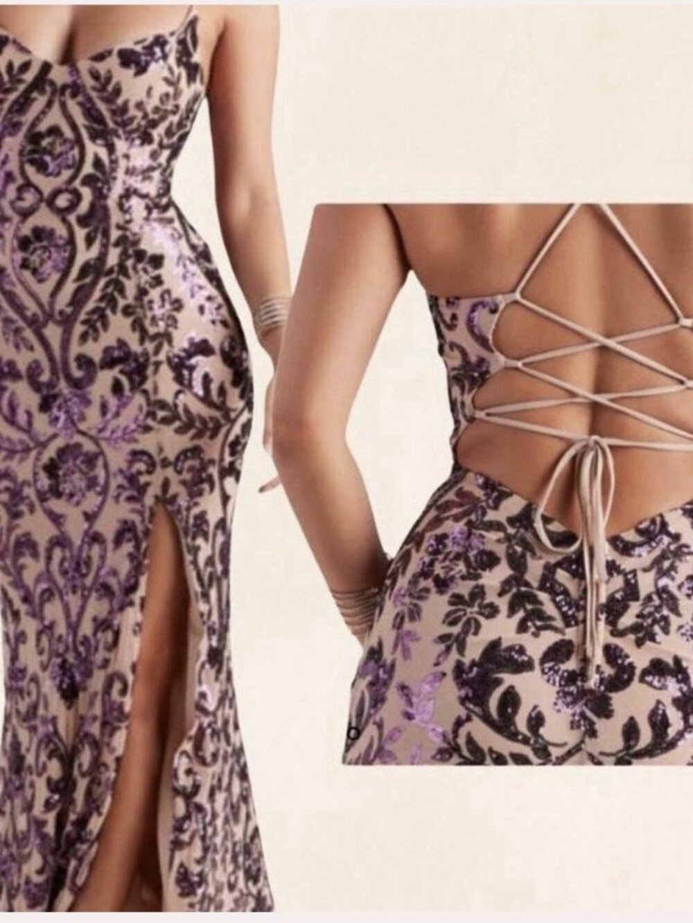 Windsor Lori Blush with Plum Sequin Corset Back Long Formal Gown Dress, 2 34X242